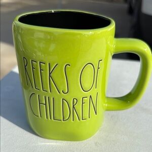 green glossy Rae Dunn mug REEKS OF CHILDREN